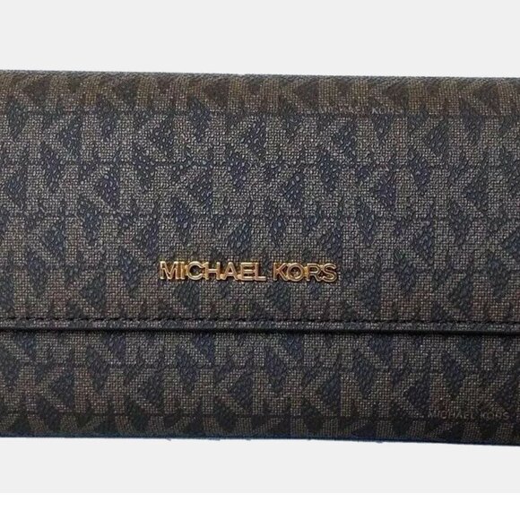 New Michael Kors Jet Set Travel Large Trifold Wallet Signature Brown - Picture 2 of 4
